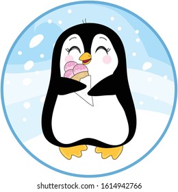 little cute penguin with ice cream. Round illustration