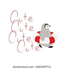 A little cute penguin with an inflatable circle on a white background. Vector illustration of wildlife animal. Summer illustration