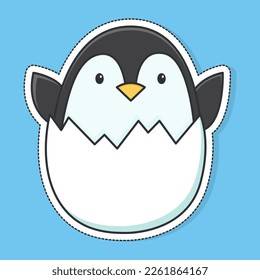 Little cute penguin peeks out of the egg. Vector sticker