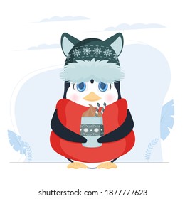 A little cute penguin in a winter hat and a scarf holds a hot drink in his hands. Knitted hat, red scarf, hot, winter drink, coffee or latte. Ready postcard. Vector