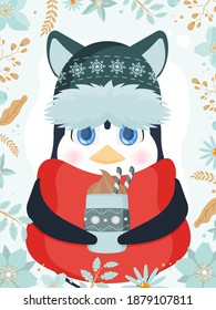 A little cute penguin in a winter hat and a scarf holds a hot drink in his hands. Knitted hat, red scarf, hot,  coffee or latte. Vector. Ready postcard