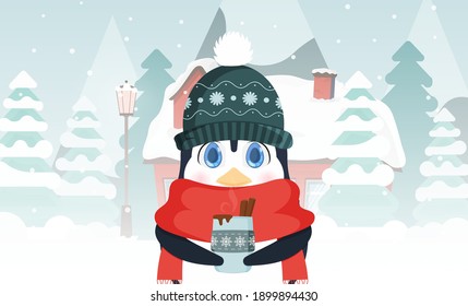 Un pingüino lindo en un sombrero de invierno y una bufanda le dan una bebida caliente en las manos. Casa en un bosque nevado. Árboles de Navidad, montañas, nieve. Ilustración vectorial.