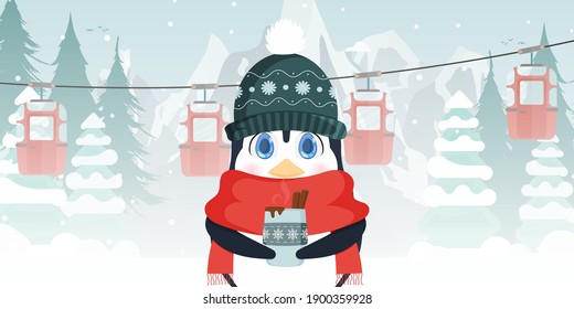 A little cute penguin in a winter hat and a scarf holds a hot drink in his hands. Cable car with trailers in the winter forest. Vector 