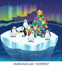 Little cute penguins on an ice floe decorate a Christmas tree. A poster on the theme of the New year. Vector illustration.