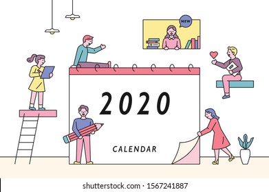 Little cute people characters around the big calendar. People are making plans for the New Year. flat design style minimal vector illustration.