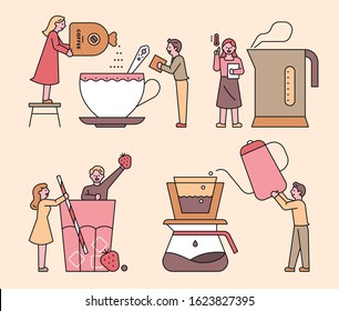 Little cute people are making big coffee. flat design style minimal vector illustration.