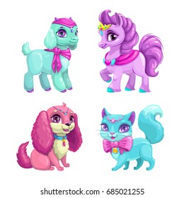 Little cute pets icons set. Funny animal princess collection. Vector girlish illustration.