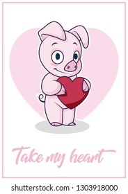 Little Cute Pig and Heart Valentine's Day Isolated Greeting Card 