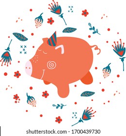 Little Cute Pig Smiles in a Birthday Hat with Flowers Hand Drawn Vector Illustration Simple Kids Print for T-shirts