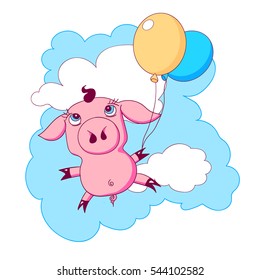 Little cute piggy with two balloons flying in the sky with clouds