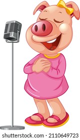 Little cute piglet singing with microphone illustration
