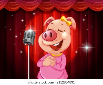 Little cute piglet singing on stage illustration