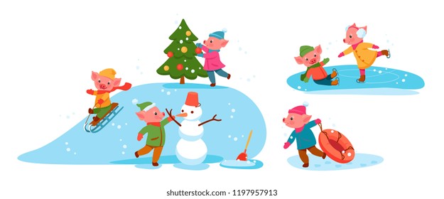 
little cute piglets go out and have fun in the winter. Winter fun and recreation in nature