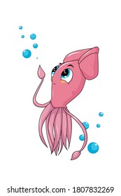 A little cute pink baby squid with water bubble, design animal cartoon vector illustration