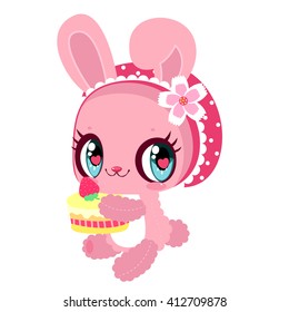 Little cute pink bunny with strawberry cake in hand. Children's character. Easter bunny.