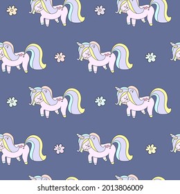 Little cute pink unicorn with hearts. Purple pastel pattern and paper for scrapbooking doodle flowers.