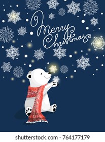 little cute polar bear on blue background and beautiful snoeflakes with merry christmas text