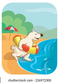 Little cute polar bear with swim ring on beach