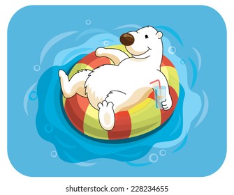 Little cute polar bear swimming with swim ring and drinking cocktail