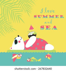 Little cute polar bear swimming with air mattress and drinking cocktail. Vector illustration