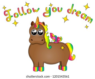 Little cute pony with rainbow mane, ice cream and butterfly.