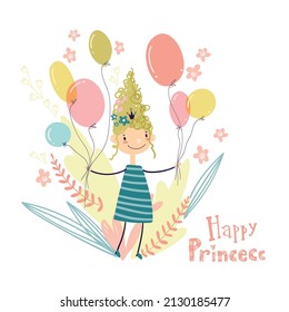 Little cute princess with balloons, pastel colors greeting card.