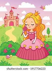 Little cute princess in a beautiful dress sniffs a red flower on the background of a castle in a green meadow. Vector illustration with a girl in a cartoon style.