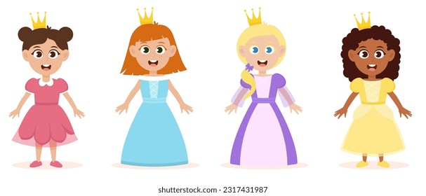 Little cute princess girl in different dresses set. 