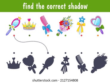 Little cute princess items, hairbrush, mirror, flower bouquet. Find the correct shadow. Educational game for kids. Cartoon vector illustration