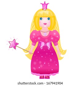 Little cute princess in a pink dress with a magic wand. Isolated on white background