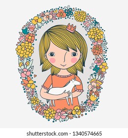 Little cute princess with unicorn. Beautiful children's illustration. Good for prints, invitations and cards.