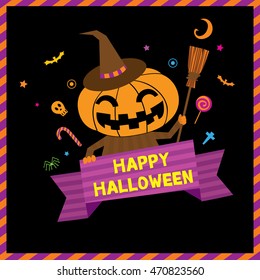 Little cute pumpkin for happy halloween invitation card.Illustration vector.