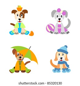 Little cute puppies stylized like children, dressed according four seasons - spring, summer, autumn and winter, isolated on white background - vector