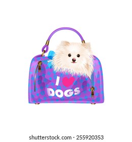 Little cute puppy in bag. Isolated vector illustration.