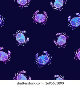 Little cute purple and blue crabs on dark violet background. Seamless underwater fauna pattern.