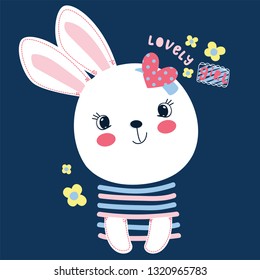 Little cute rabbit girl isolated on navy blue background illustration vector, T-shirt design for kids.