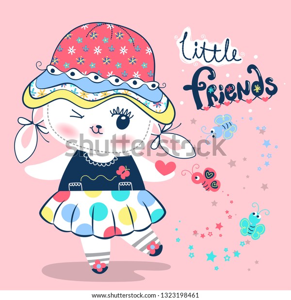 ピンクの背景に蝶を使って夏の帽子とドレスを着て楽しい かわいいウサギの女の子 イラストベクター画像 のベクター画像素材 ロイヤリティフリー