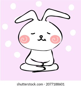 Little cute rabbit meditating and calming. Drawing doodle line. Vector picture.