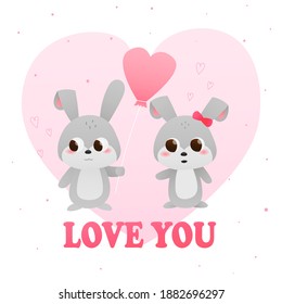 Little cute rabbit present balloon, fell in love, valentine gift card, love you illustration for kids in carton style on heart background