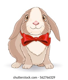 Little cute rabbit with red bow. vector 