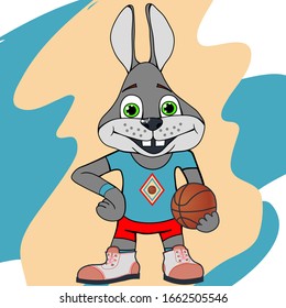 Um coelho fofo está em pé e sorrindo. Sortsman jogando uma bola. Partida e treinamento. Pequenos animais evocam emoções e alegria. Ilustração desenhada à mão vetorial