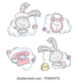 Little cute little rabbits talk on the phone, take a shower and drink coffee. Schedule. Vector illustration for a postcard or a poster. Valentine's Day, love and friendship.