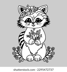 little cute raccoon, coloring book, funny illustration