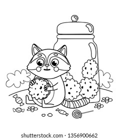 Little cute raccoon with cookies in its paws. With a jar of cookies and sweets.Black and white coloring book page.