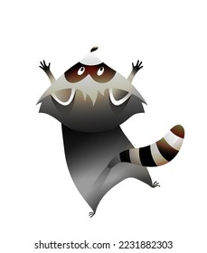 Little Cute Raccoon Reaching Up Back View. Cute artistic cartoon for children of a coon looking up. Vector kids illustration clipart in watercolor style.