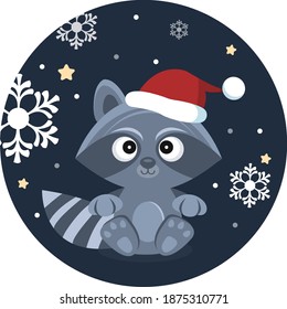 Little cute raccoon with Santa Claus hat on a dark background with snowflakes, stars and circles