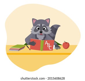 Little cute raccoon sits at a desk and learns from the ABC book.Vector children's illustration