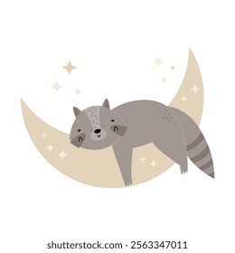 Little cute raccoon sleeping on the moon. Adorable animal vector design, illustration.