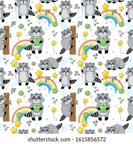 Little cute raccoons. Seamless repeating texture for children, background, or pattern on fabric and paper.