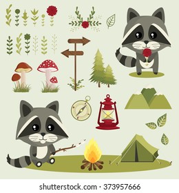Little cute raccoons. Trekking, camp. Travel vector set